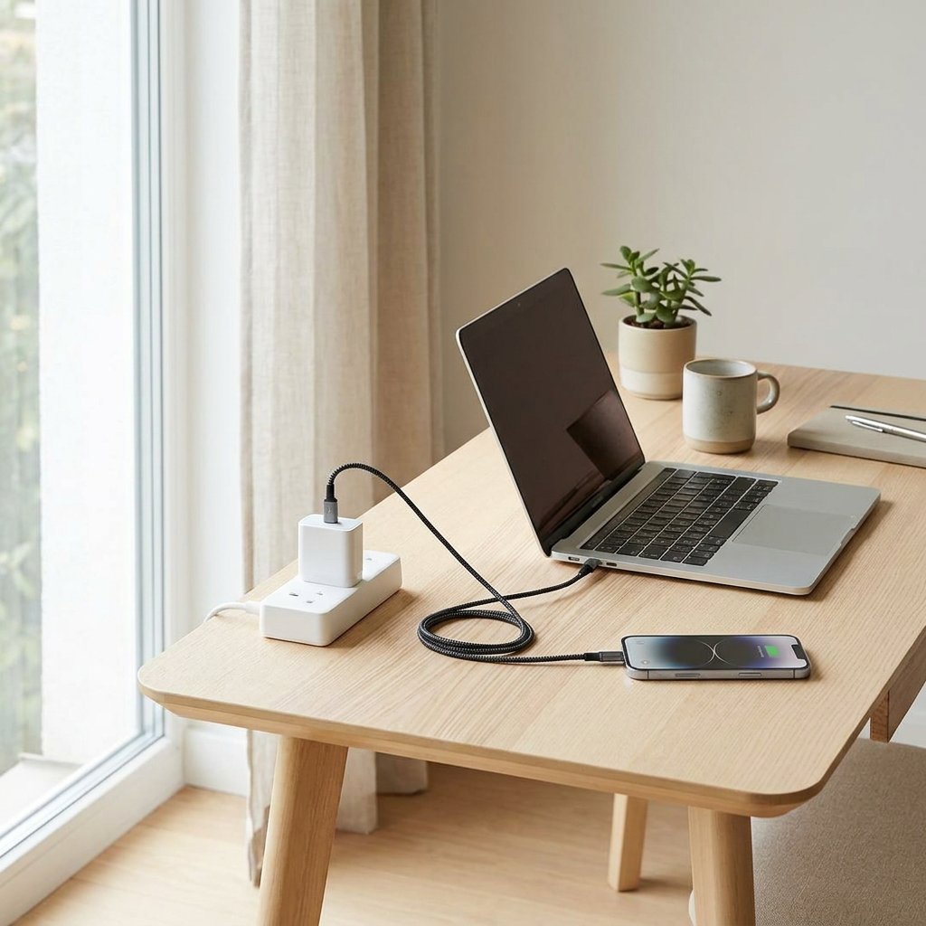 Smartphone charging via a USB-C laptop charger on a neat desk beside an open laptop, with soft daylight and a realistic modern home office feel.