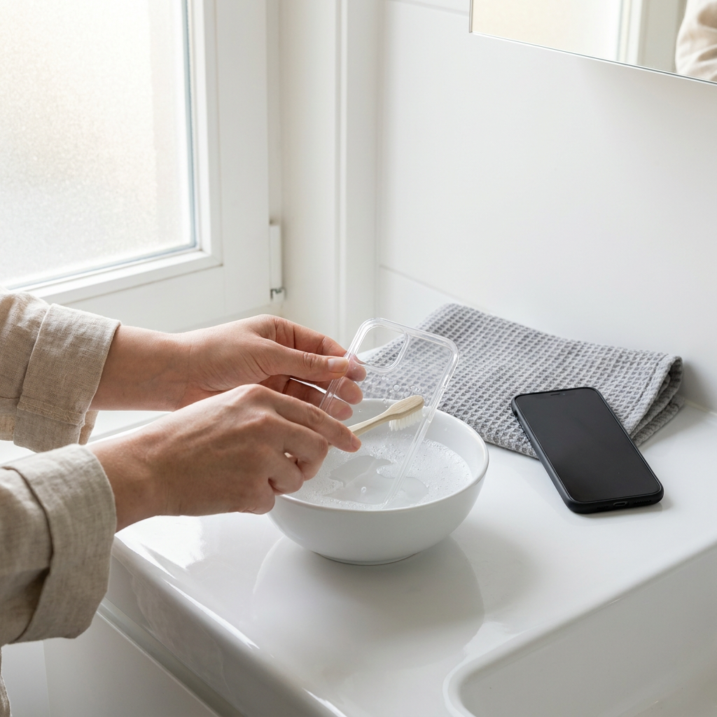 Hands gently scrub a transparent phone case with soapy water and a soft brush on a bright bathroom counter beside a towel and smartphone.
