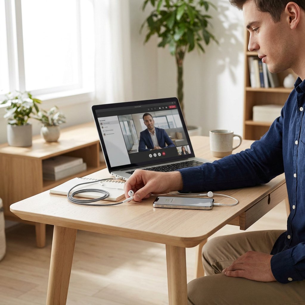 Jongvolwassene aan een bureau gebruikt bedrade oortjes met smartphone en laptop, kabel zichtbaar in zacht daglicht met moderne Europese sfeer.