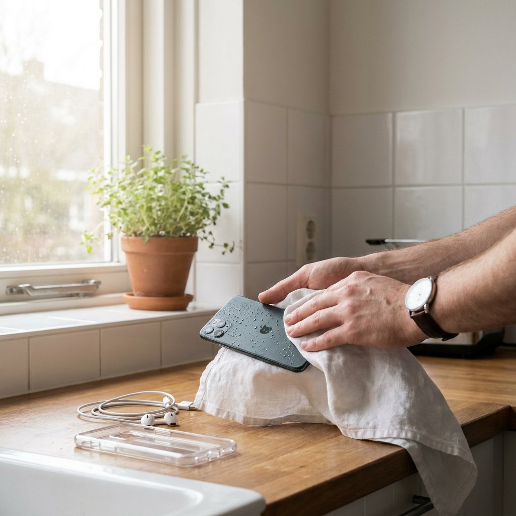Wet smartphone on a kitchen counter beside a towel and removed case, while a person carefully dries it in soft daylight after water exposure.