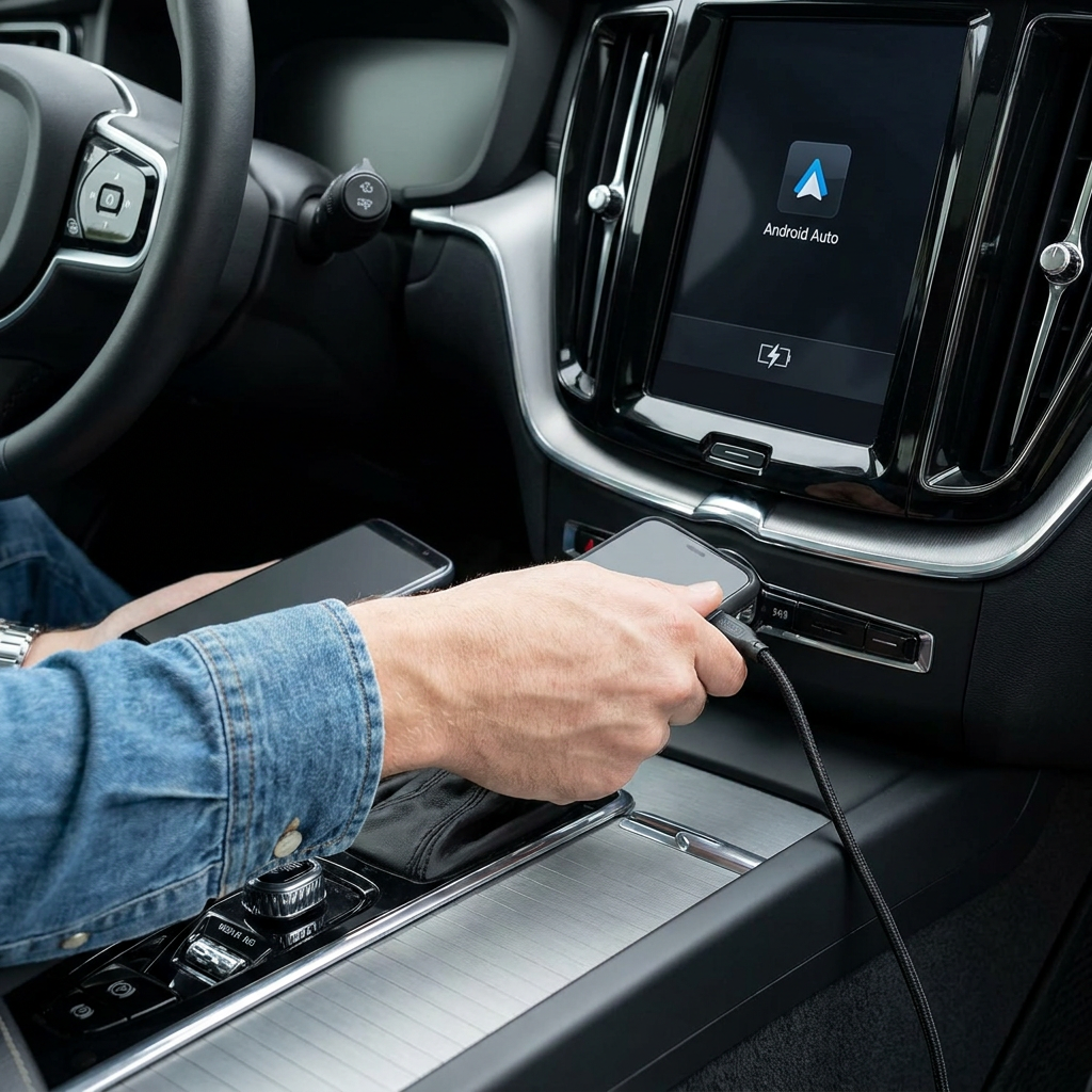Driver connects a short USB-C cable between Android phone and car console in a modern European vehicle, with infotainment screen softly lit.