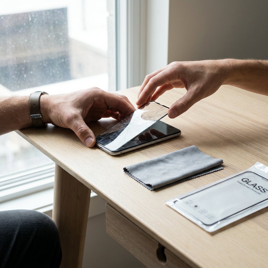 Hands carefully lifting a cracked screen protector from a smartphone on a tidy desk, with cleaning cloth and new protector beside it.