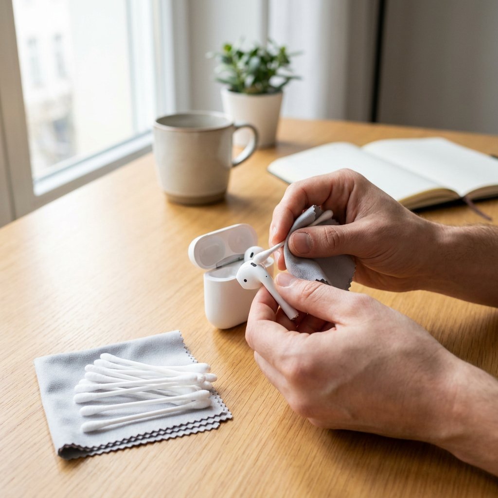 Hands carefully clean white AirPods and charging case on a tidy desk with cotton swabs and a soft cloth in bright natural window light.