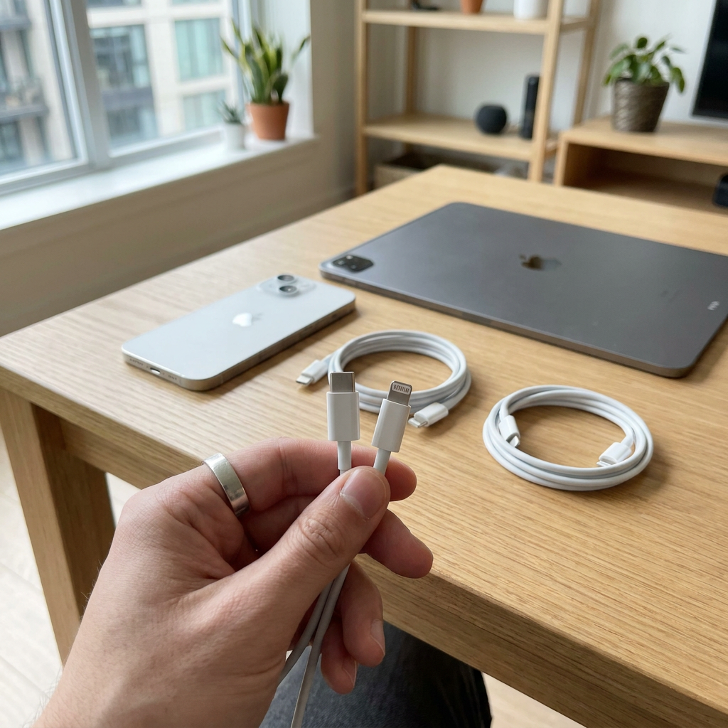 Close-up of a hand comparing USB-C and Lightning cable tips beside an iPhone and iPad on a clean desk in soft natural daylight.