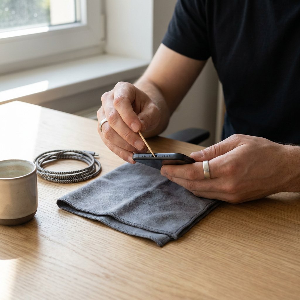 Close-up of a smartphone charging port being carefully cleaned with a wooden tool on a tidy desk, with soft daylight and charging accessories nearby.