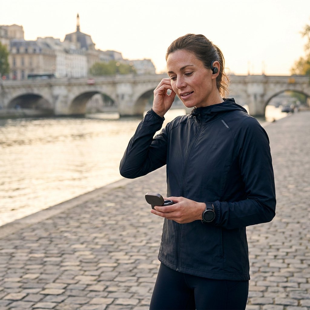 Runner pauses on a European riverside path adjusting secure sports earbuds, with soft morning light, breathable gear and a focused training mood.