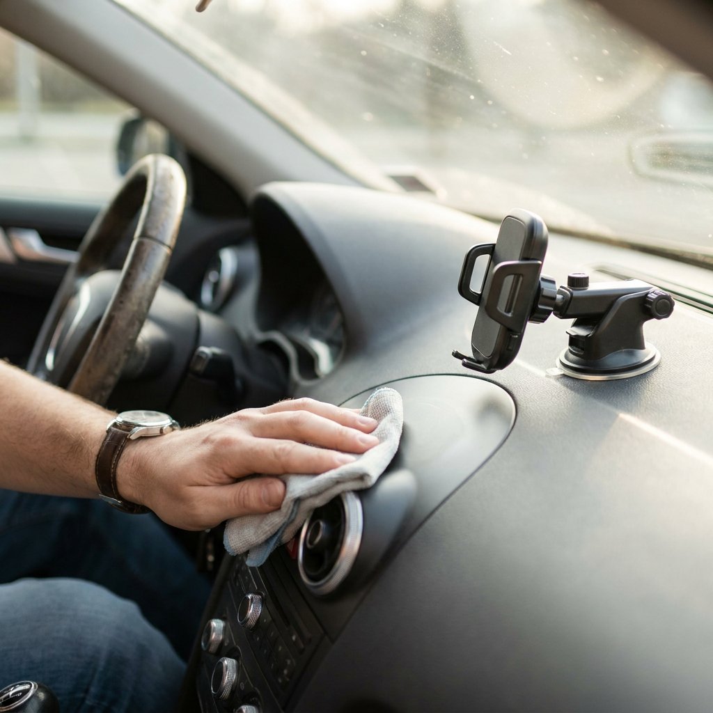 Close-up van een losse telefoonhouder met zuignap op een autodashboard, terwijl een bestuurder de houder schoonmaakt in zacht daglicht.