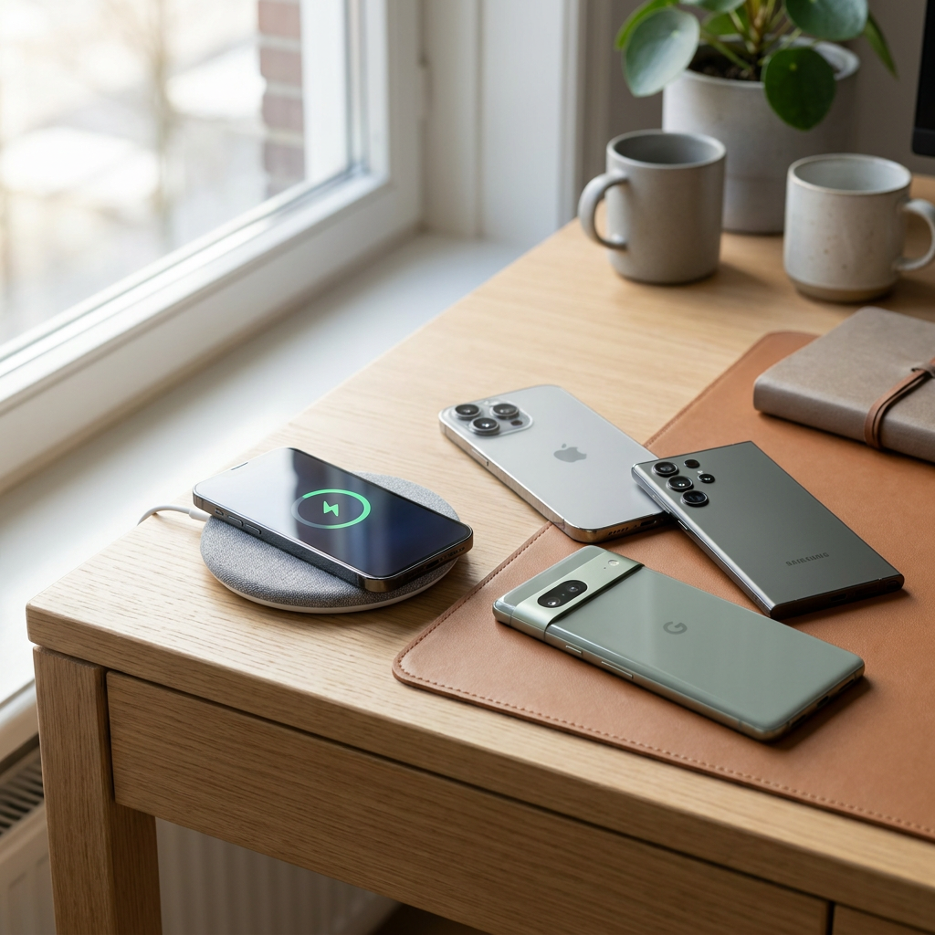 Moderne smartphones op een draadloze laadmat op een strak bureau, met subtiele gloed en premium details die iPhone- en Android-compatibiliteit suggereren.