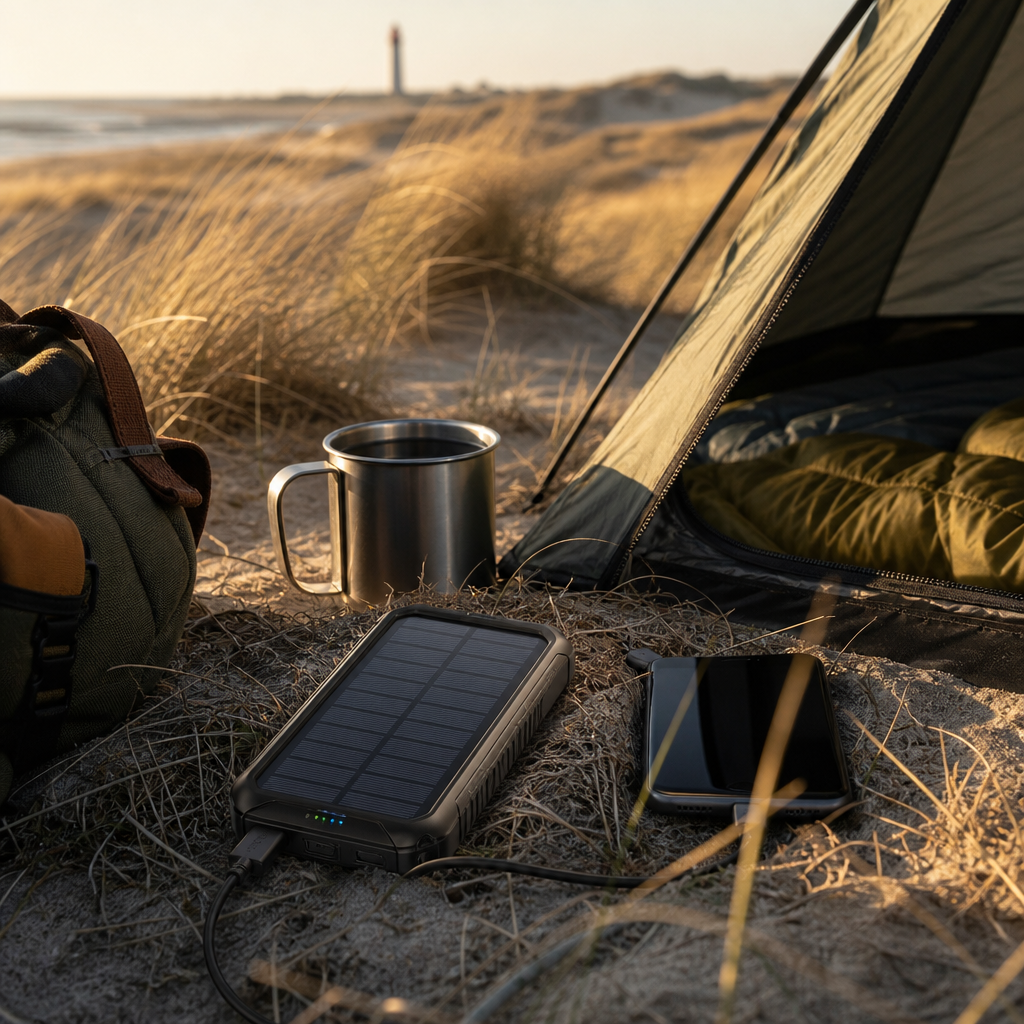 Rugged solar power bank charging a smartphone beside a tent in sunny dune grass, with outdoor gear nearby and warm natural light.