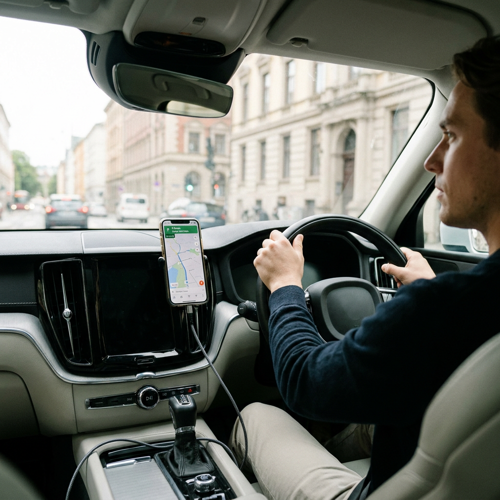 Bestuurder laadt smartphone op in de auto via dashboardhouder en laadkabel, met navigatie zichtbaar en zacht daglicht in modern interieur.