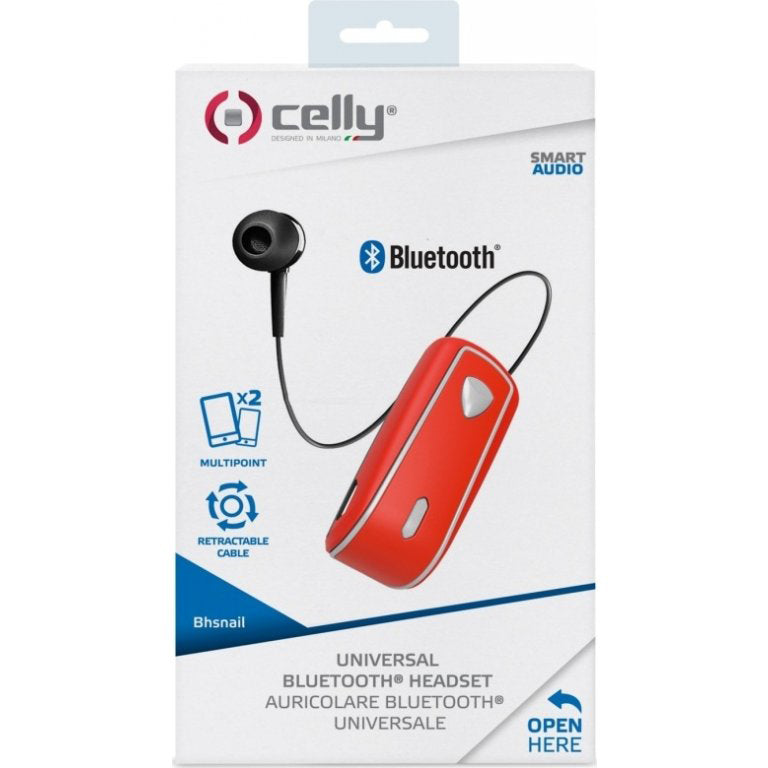 Celly BHSNAILRD Bluetooth Headset retractable cable Red
