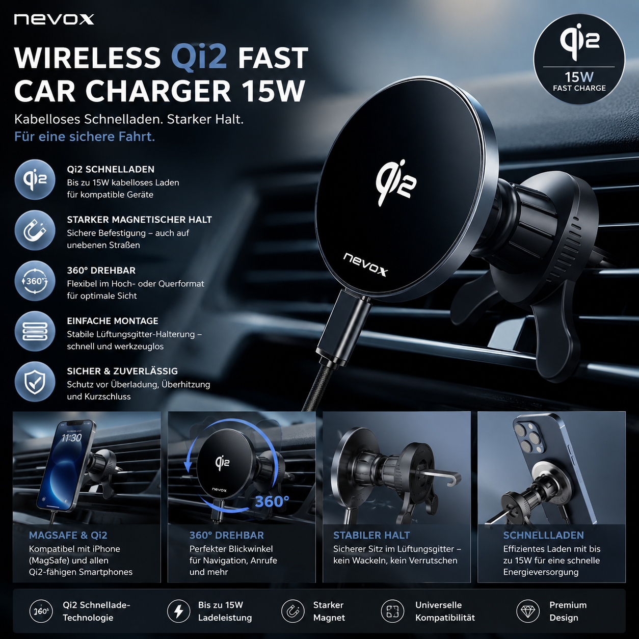 Nevox Wireless Qi2 Fast CAR Charger - 15Watt - compatible with MagSafe