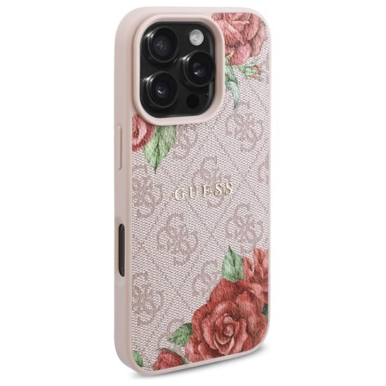 Guess GUHMP15SP4ROPEMCP 4G Flowers Print Metal Classic Logo MagSafe Case for iPhone 15 Pink