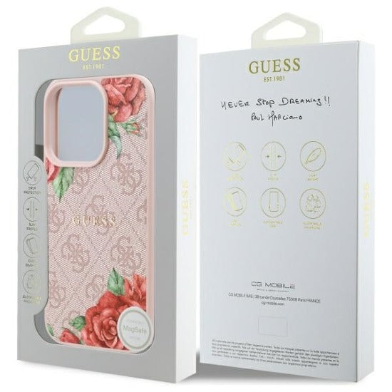 Guess GUHMP15XP4ROPEMCP 4G Flowers Print Metal Classic Logo MagSafe Case for iPhone 15 Pro Max Pink