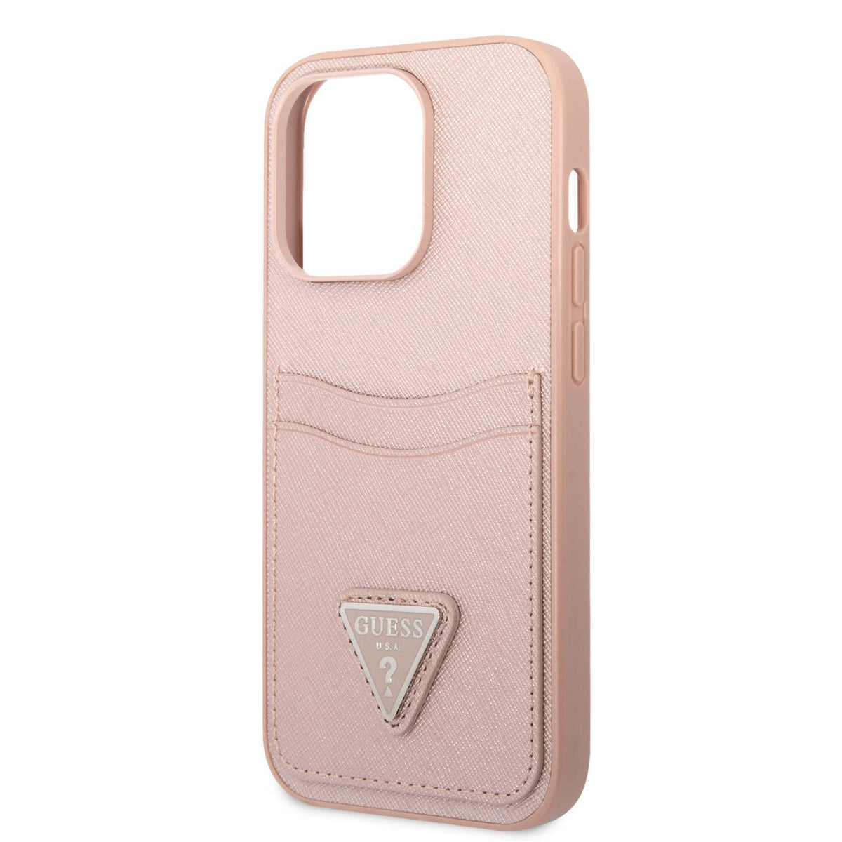 Guess PU Saffiano Case with Double Cardslot & Metal Triangle Logo iPhone 14 Pro - Pink