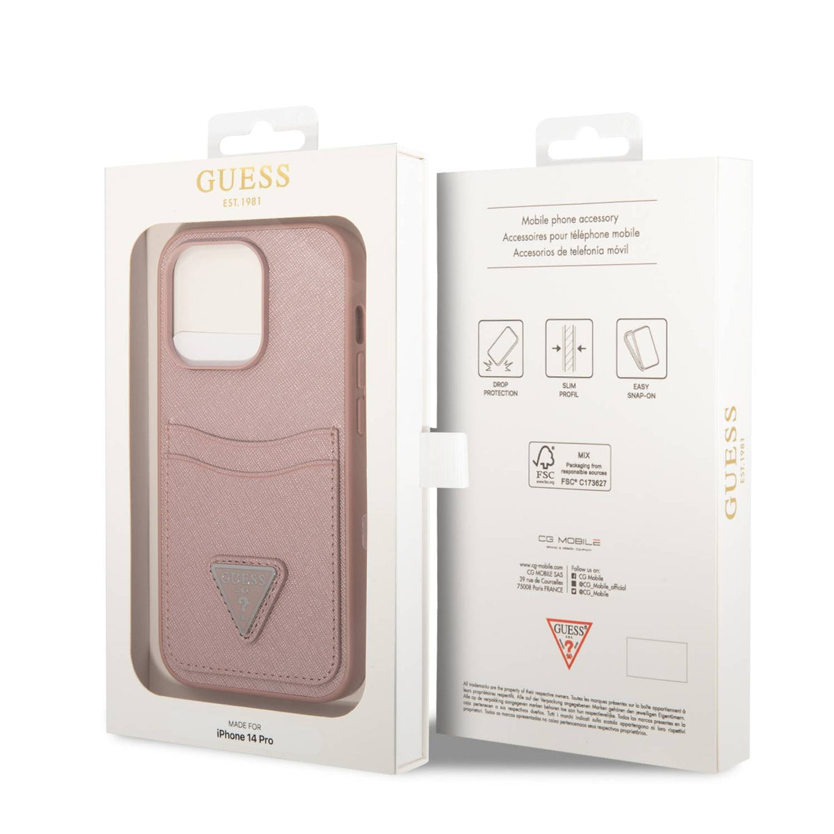 Guess PU Saffiano Case with Double Cardslot & Metal Triangle Logo iPhone 14 Pro - Pink