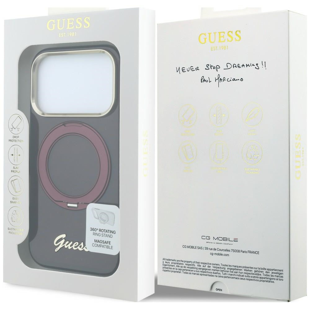 Guess IML Ring Stand 360 Script Metal Logo MagSafe for iPhone 18 Pro Max / iPhone 17 Pro Max burgundy