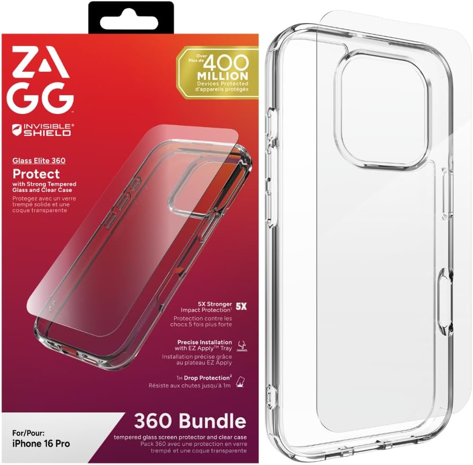 ZAGG Tempered Glass screen protector & Clear protective Case for iPhone 16 Pro