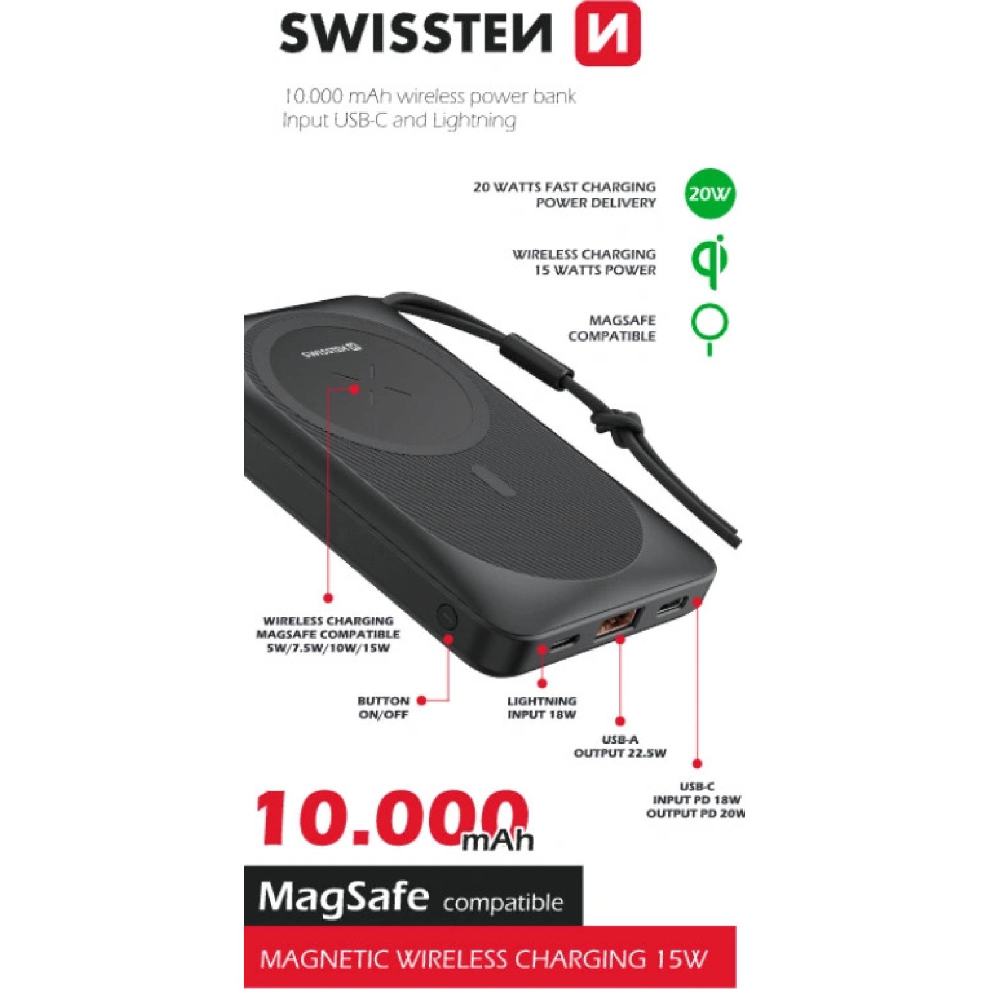 Swissten Magsafe Powerbank (15W) 10.000 mAh Black