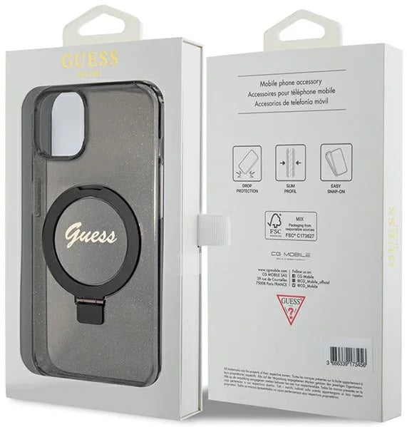 GUESS GUHMP15SHRSGSK hardcase Ring Stand Script Glitter MagSafe Case Black for iPhone 15 / 14 / 13