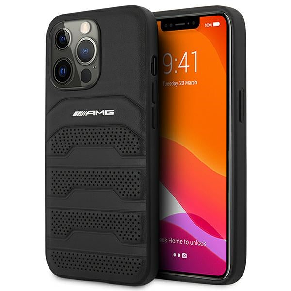 Case for AMG AMHCP14XGSEBK iPhone 14 Pro Max black hardcase Leather Debossed Lines