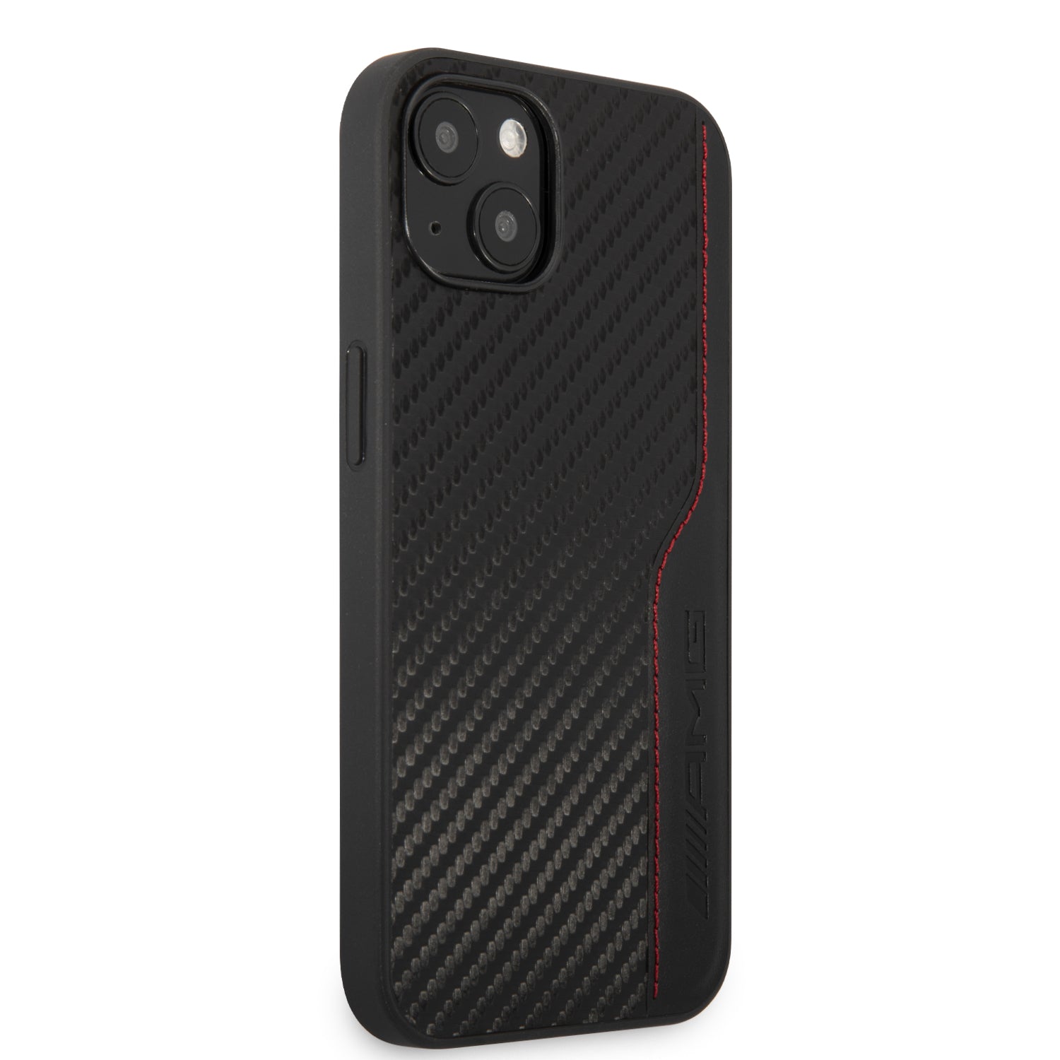 AMG AMHCP14MDEBKiPhone 14 Plus PU Leather Black Hard Case with PU Carbon Effect, Red Stiching Line Hot Stamped Logo