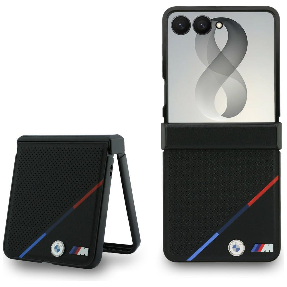 BMW M Leather Perforated Tricolor Stripe Metal Logos MagSafe Case for Samsung Galaxy Z Flip8 Black