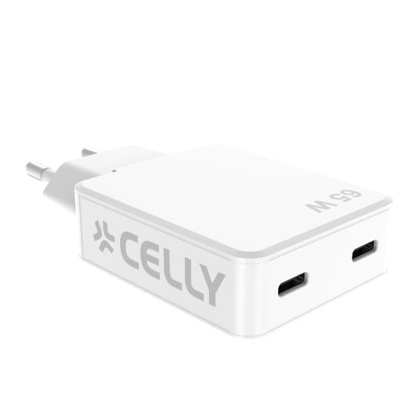 Celly SLIMTC2C65W - Slim wall charger with dual USB-C ports, 1 cm wide, GaN technology, 65W