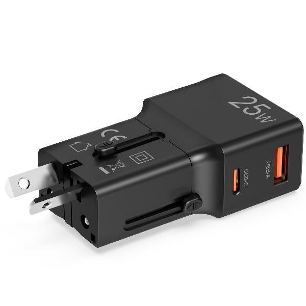 Celly MULTIPLUGSL25W - Travel charger 25W, international sockets, compatible in over 150 countries, dual USB-A and USB-C ports