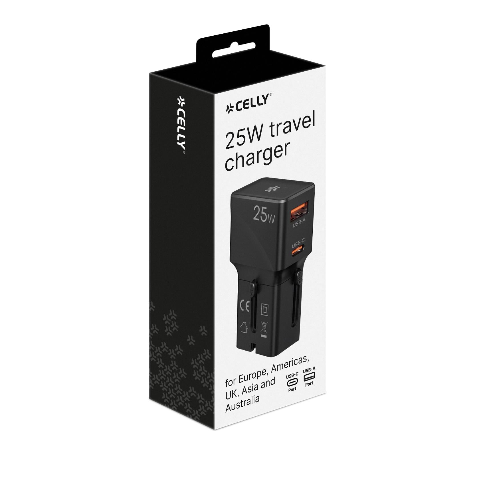Celly MULTIPLUGSL25W - Travel charger 25W, international sockets, compatible in over 150 countries, dual USB-A and USB-C ports
