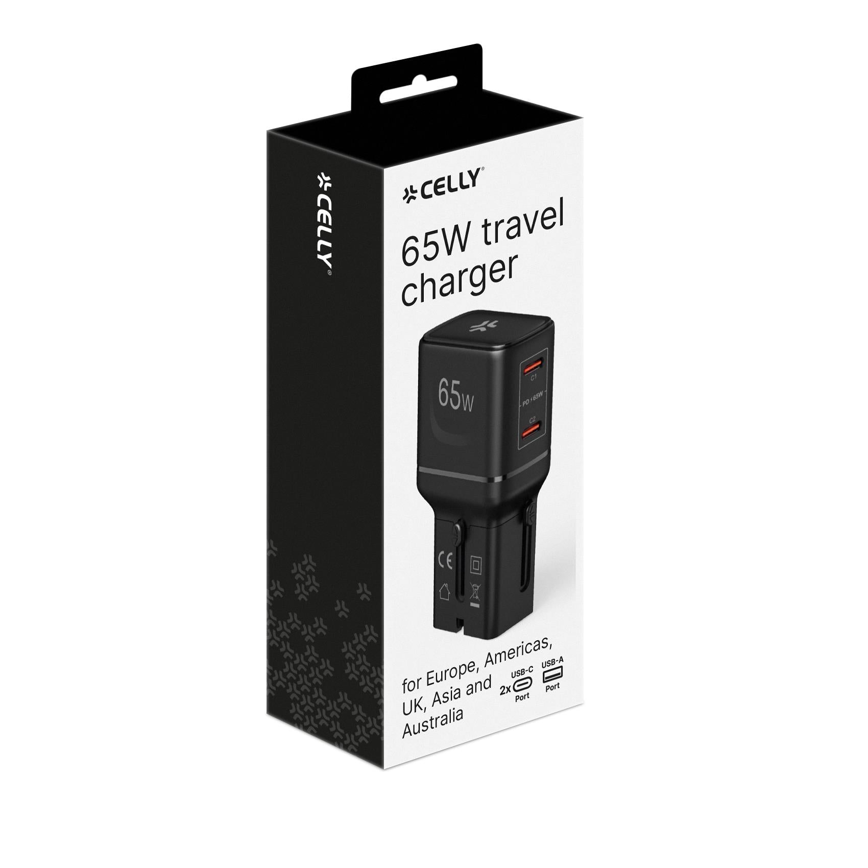 Celly MULTIPLUGSL65W- Travel charger 65W, international sockets, compatible in over 150 countries, dual USB-C ports