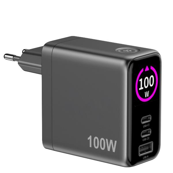 Celly TCSCREEN2C1A100 - GaN 100W Wall charger with triple USB-C and USB-A ports, integrated LED display with touch button
