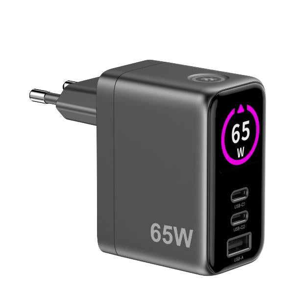 Celly TCSCREEN2C1A65W - GaN 65W Wall charger with triple USB-C and USB-A ports, integrated LED display with touch button