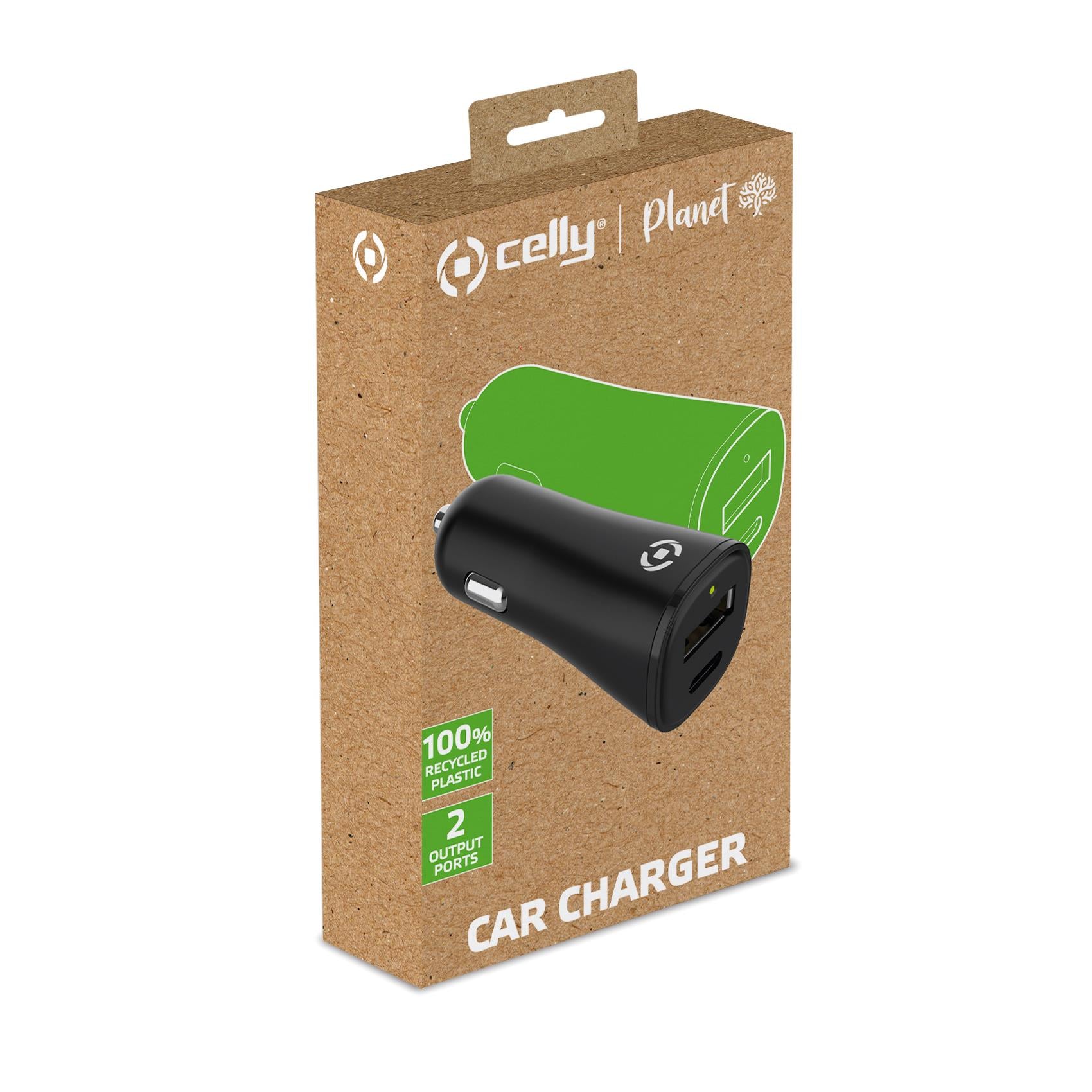 Celly GRSCCUSBUSBCBK - Car charger with 2 output ports made with 100% recycled plastic