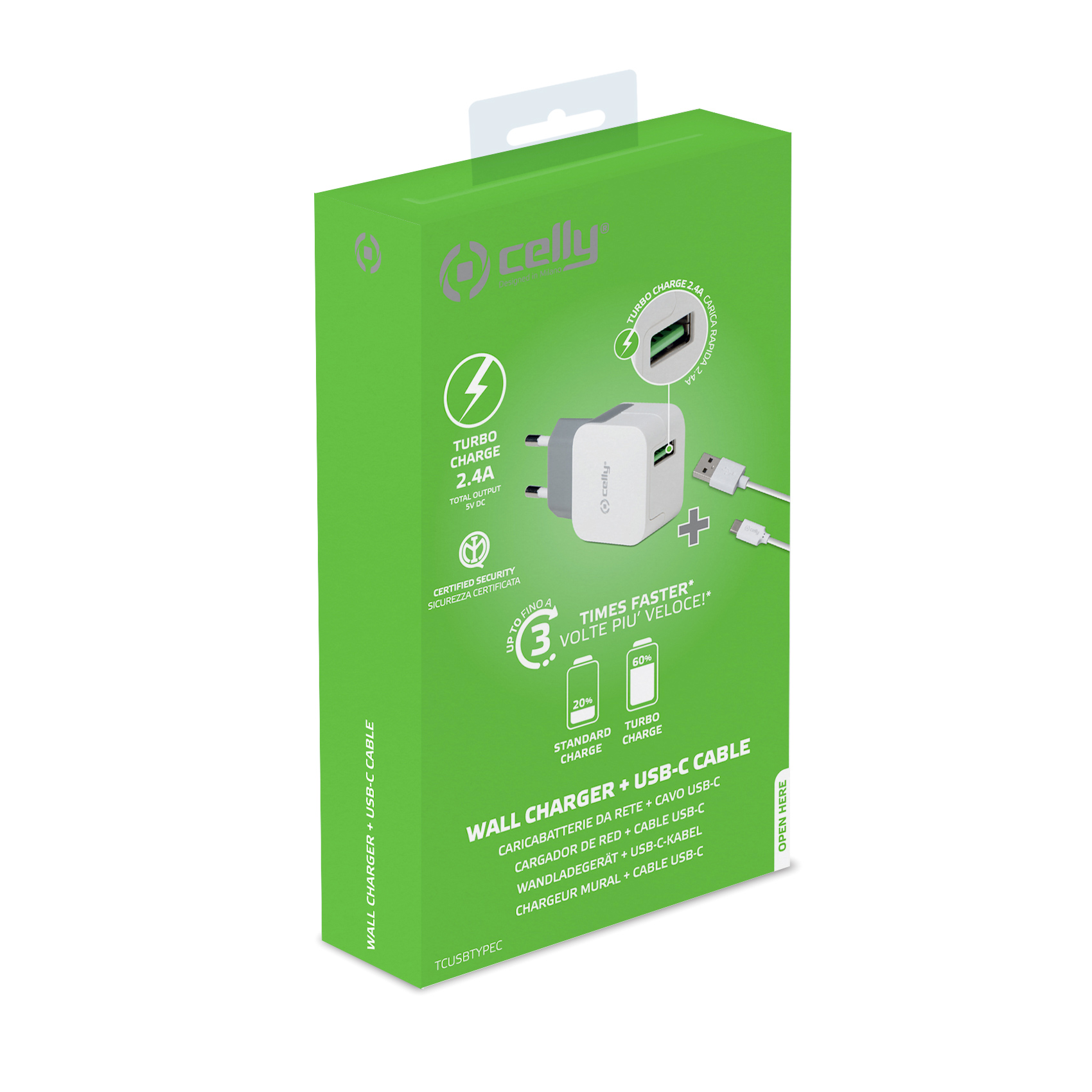 Celly TCUSBTYPEC - Wall Charger USB-A + USB-A to USB-C Cable 12W