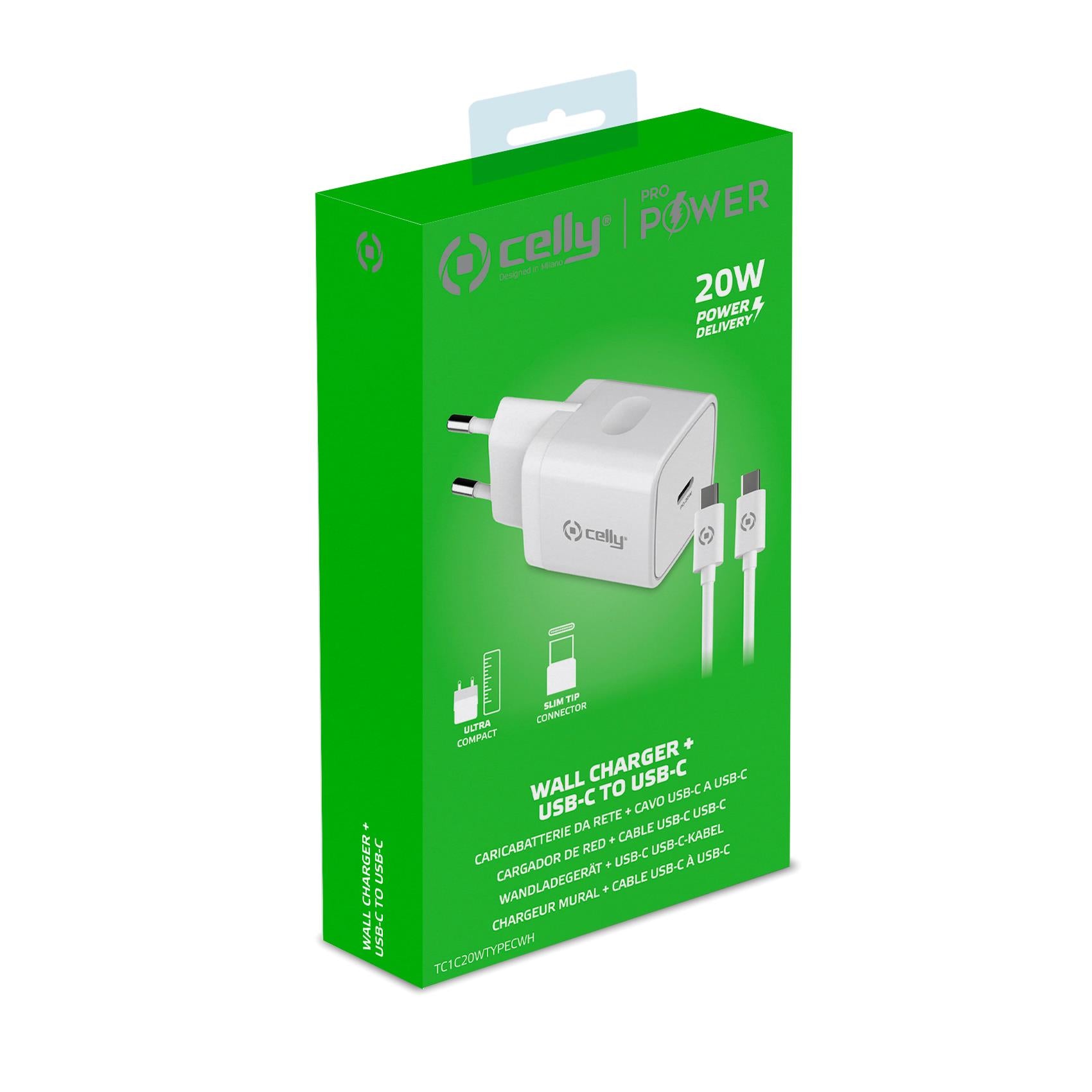 Celly TC1C20WTYPEC - Wall Charger USB-C+USB-C to USB-C Cable 20W
