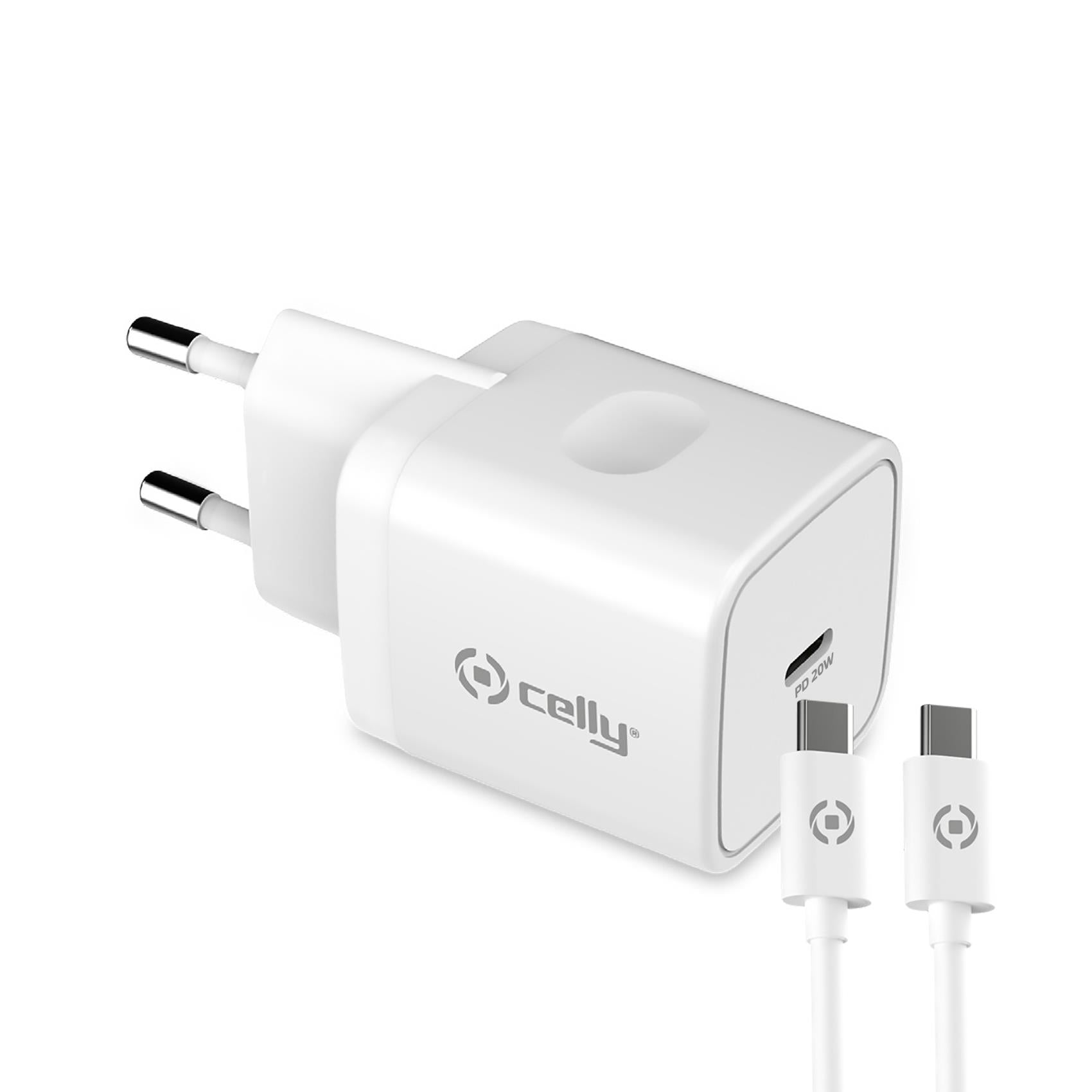 Celly TC1C20WTYPEC - Wall Charger USB-C+USB-C to USB-C Cable 20W