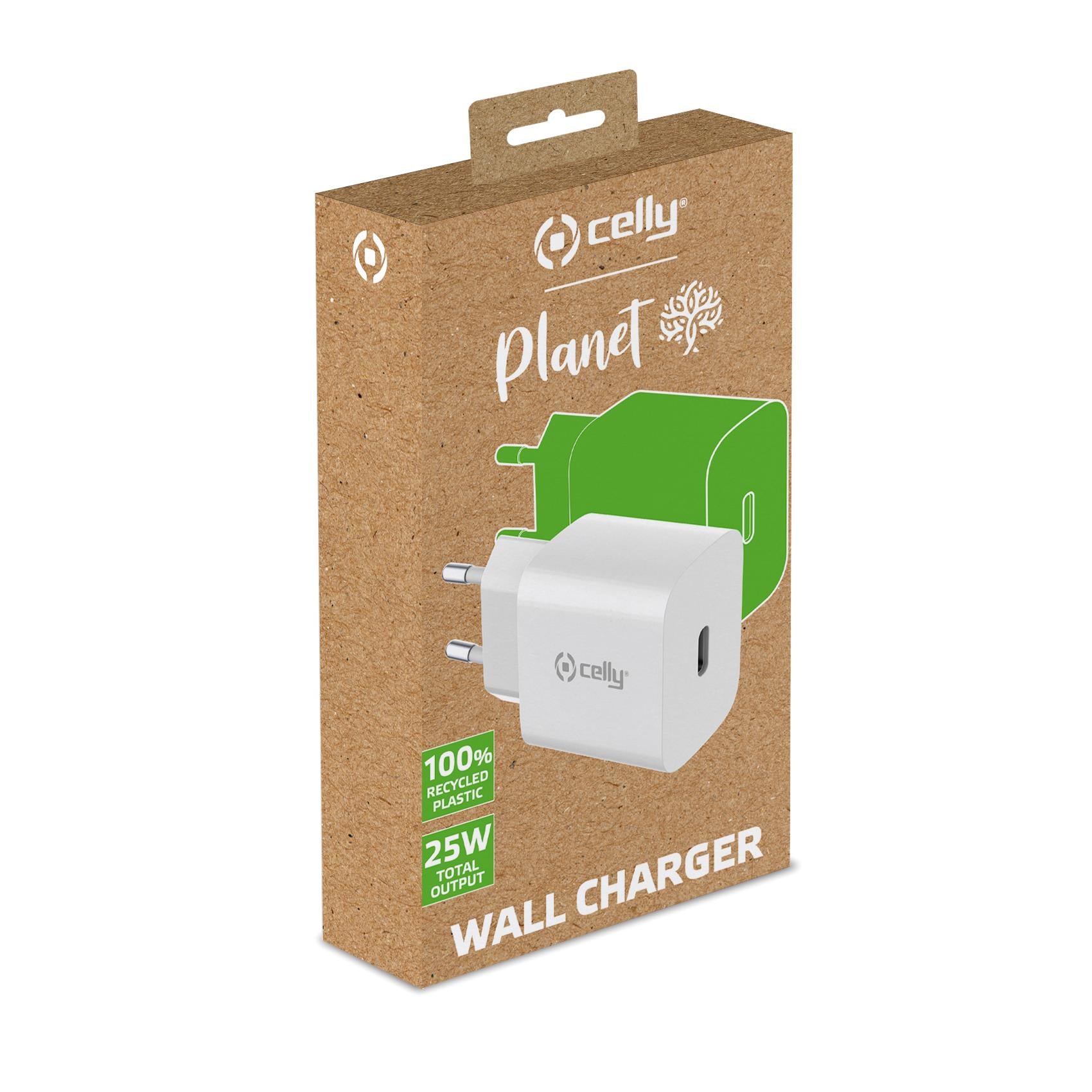 Celly GRSTC1USBC25WWH - Wall charger up to 25W made with 100% recycled plastic 25W