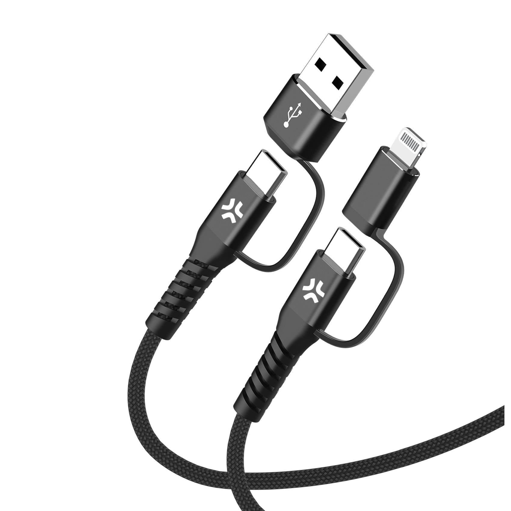 Celly 4IN1 Cable: USB-C to USB-C cabl with USB-A & Lightning adapters