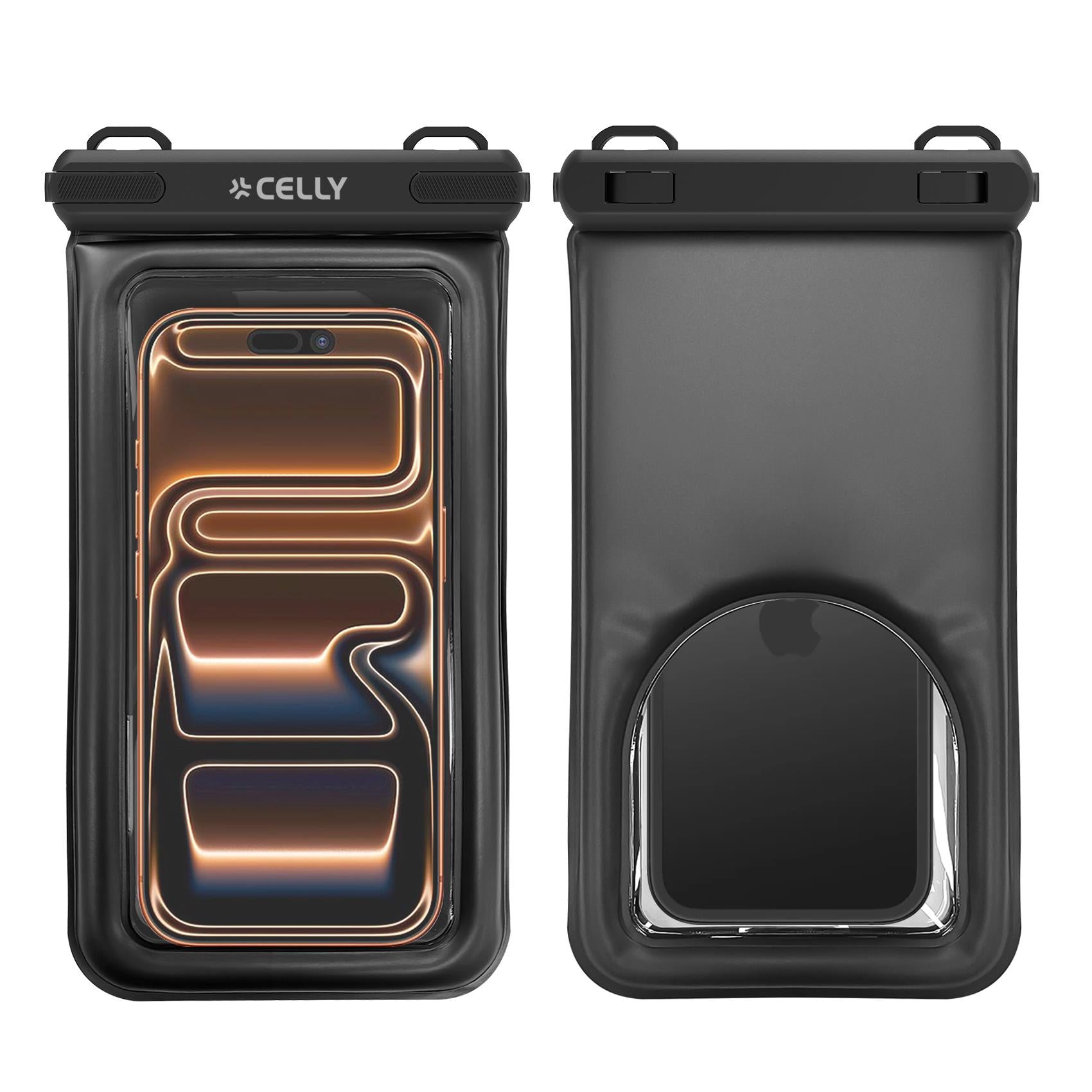 Celly SPLASHBAGFLBK - Floating Waterproof Case for Smartphones up to 7.2", Transparent Design, Airtight Seal, Integrated Neck Strap