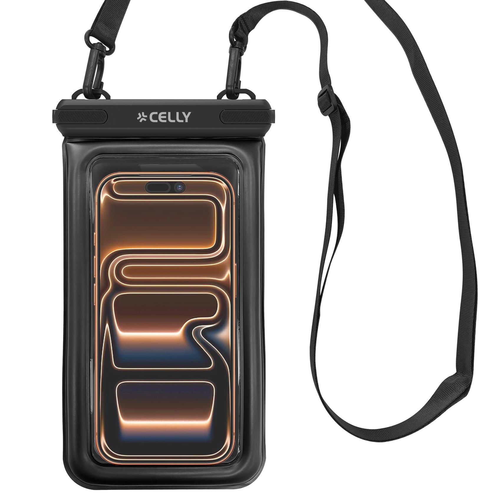 Celly SPLASHBAGFLBK - Floating Waterproof Case for Smartphones up to 7.2", Transparent Design, Airtight Seal, Integrated Neck Strap