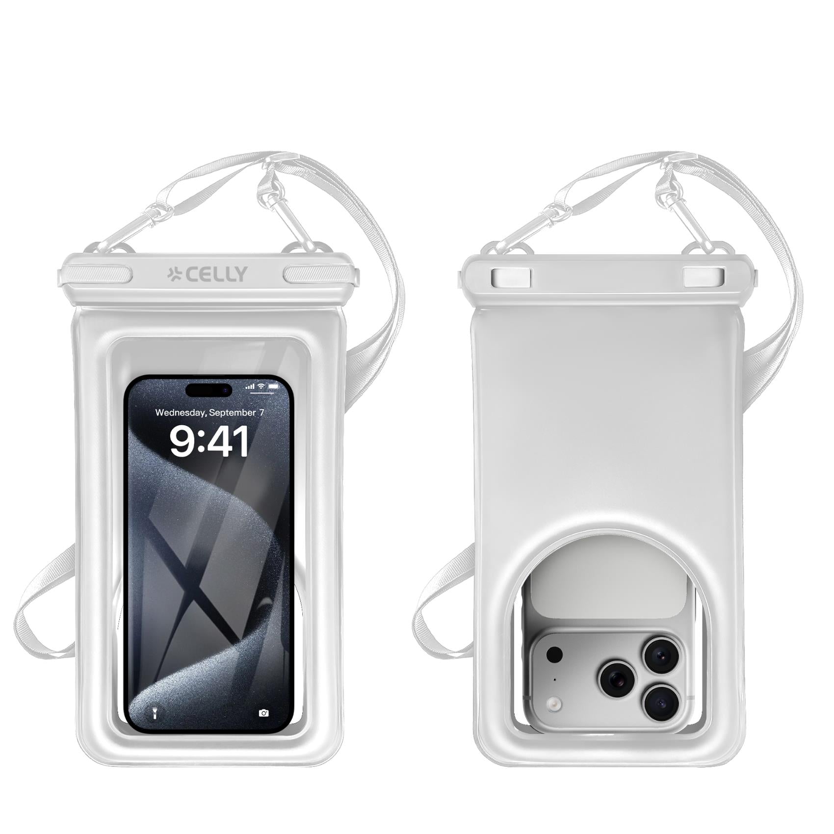 Celly SPLASHBAGFL - Floating Waterproof Case for Smartphones up to 7.2", Transparent Design, Airtight Seal, Integrated Neck Strap