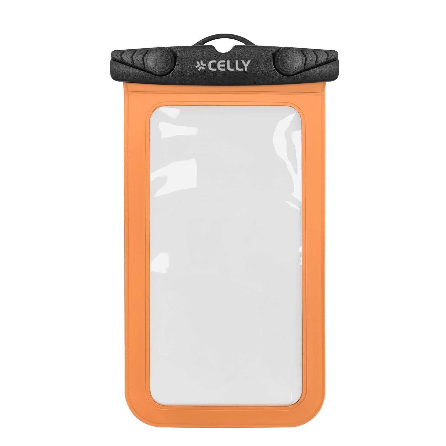 Celly SPLASHBAG26OR - Waterproof case for smartphones up to 7" display size, transparent design, hermetic closure, neck strap included
