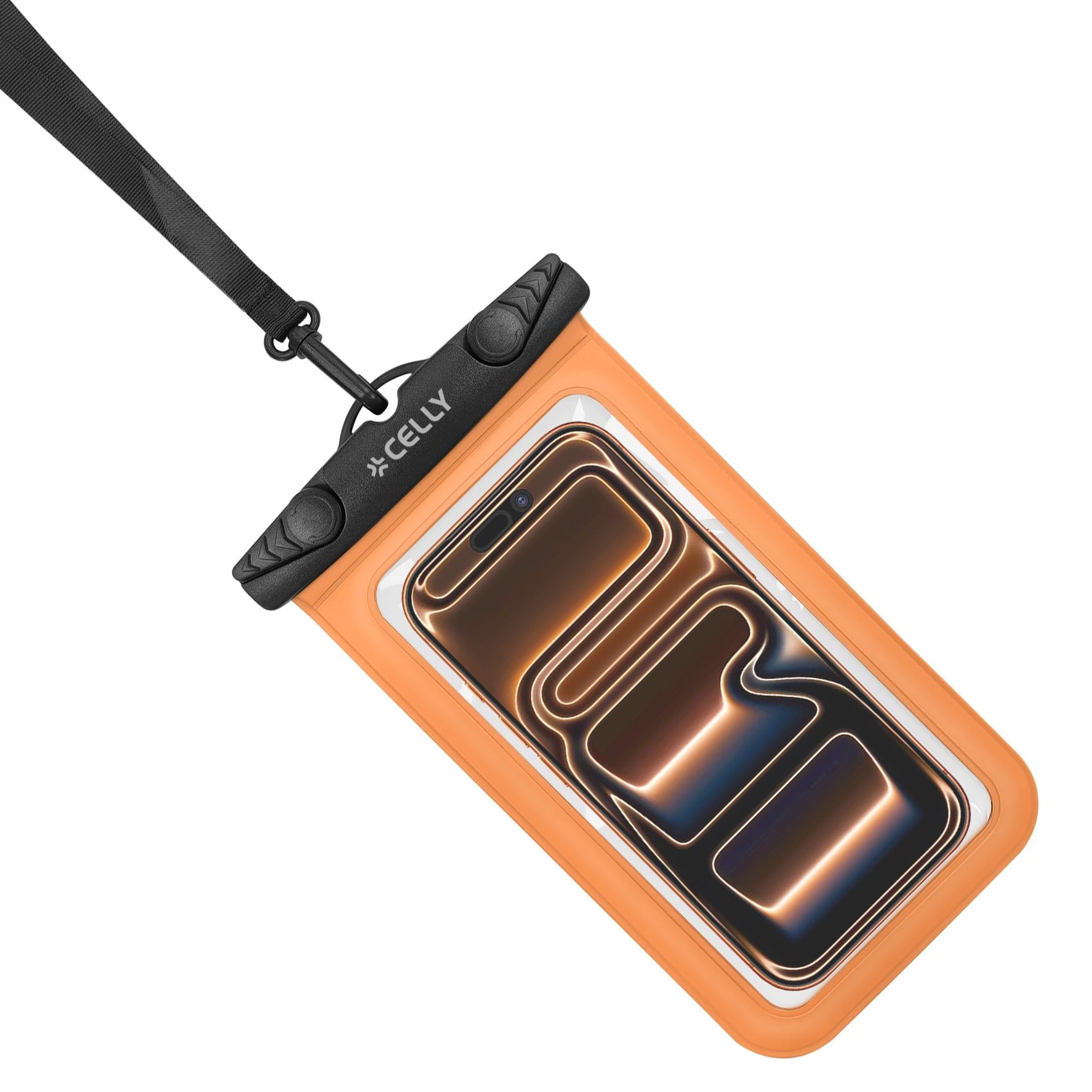 Celly SPLASHBAG26OR - Waterproof case for smartphones up to 7" display size, transparent design, hermetic closure, neck strap included