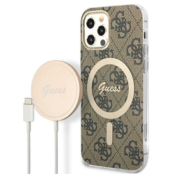 Guess GUBPP12MH4EACSW Case+ Charger iPhone 12/12 Pro brown hard case 4G Print MagSafe
