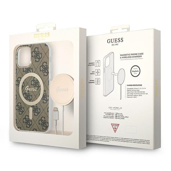 Guess GUBPP12MH4EACSW Case+ Charger iPhone 12/12 Pro brown hard case 4G Print MagSafe