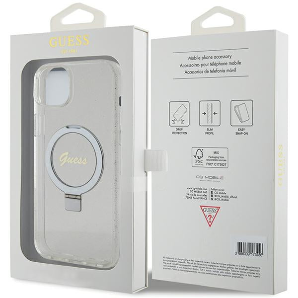 Guess GUHMP15MHRSGSD iPhone 15 Plus transparent hardcase Ring Stand Script Glitter MagSafe