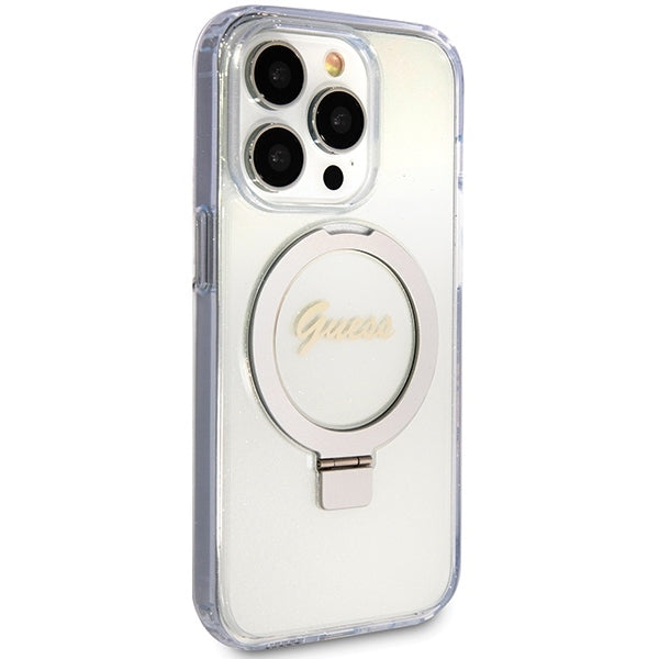 Guess GUHMP15LHRSGSD iPhone 15 Pro Transparent hardcase Ring Stand Script Glitter MagSafe