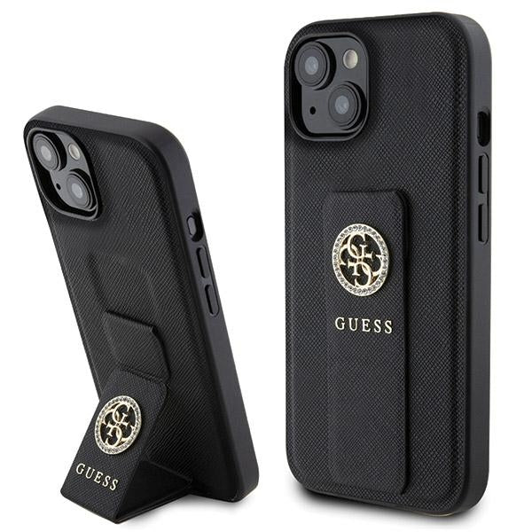 Guess GUHCP15SPGSSADK iPhone 15 / 14 / 13 black hardcase Grip Stand 4G Saffiano Strass