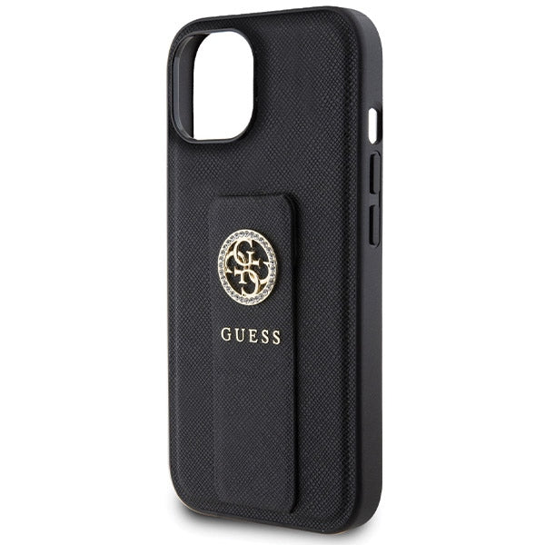 Guess GUHCP15SPGSSADK iPhone 15 / 14 / 13 black hardcase Grip Stand 4G Saffiano Strass